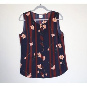 CAbi Womens Floral Chiffon Scroll Sleeveless Button Blouse Tank Top Navy Rust M